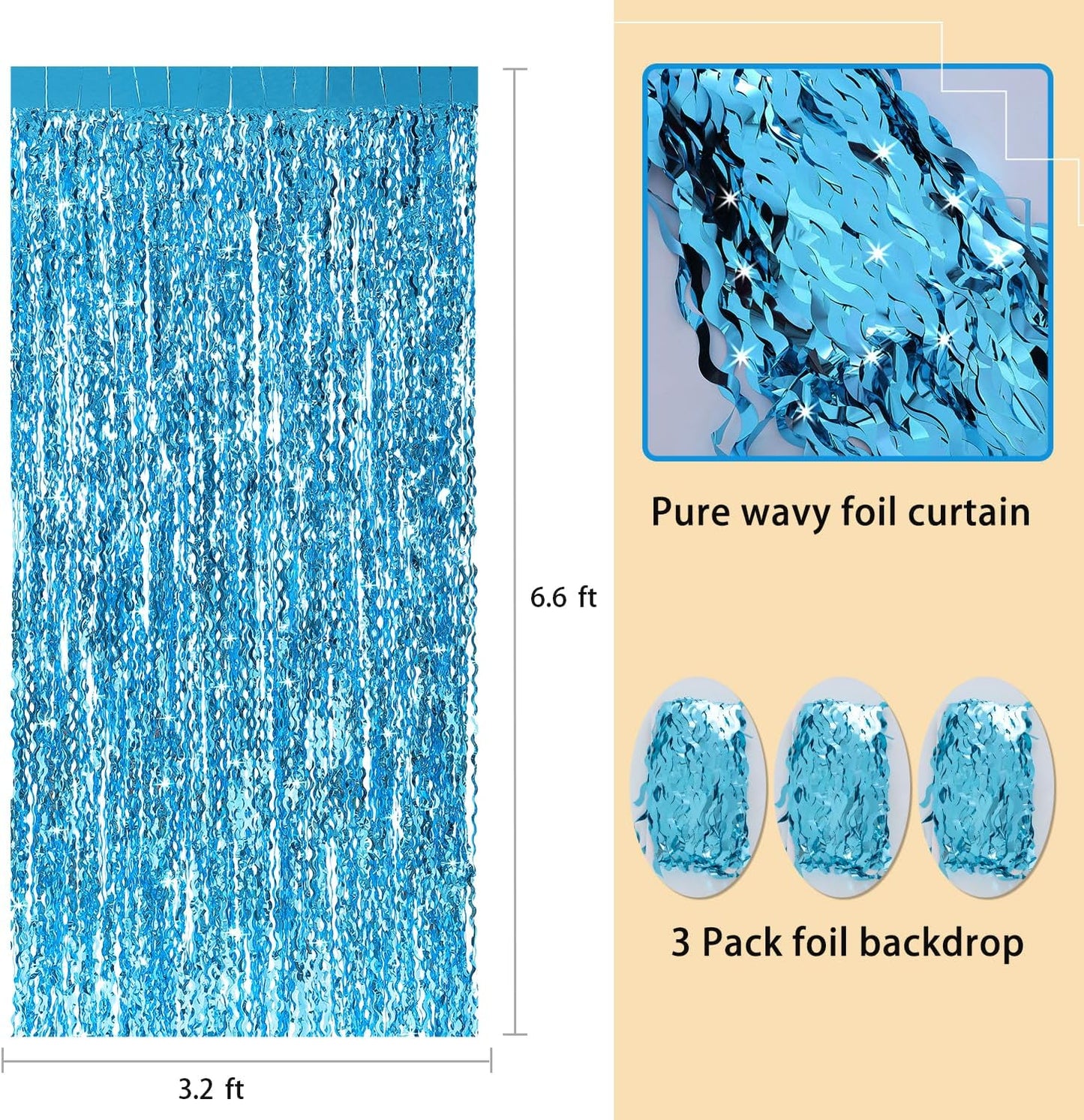 3 Pack Blue Wavy Tinsel Foil Fringe Curtain - 6.6 ft x 3.3 ft Foil Backdrop Photo Booth Props for Mermaid Birthday Under The Sea Party,Baby Shark Birthday Decorations