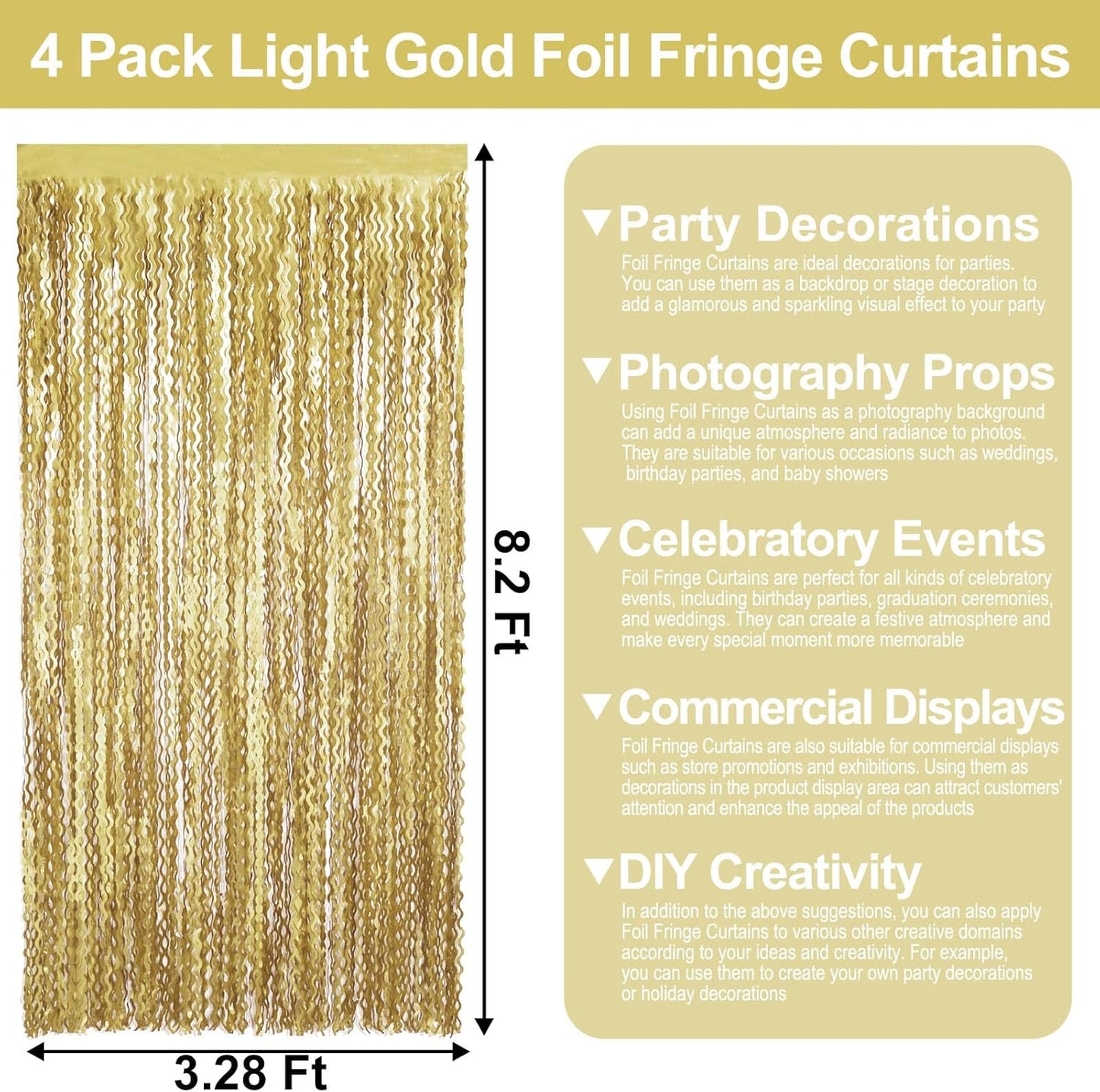 4 Pack Light Gold Wave Foil Fringe Curtain Backdrop, 3.28Ft x 8.2Ft Metallic Tinsel Foil Fringe Streamer Curtains for Photo Booth, Mother's Day, Easter, Birthday, Wedding Party Decoration