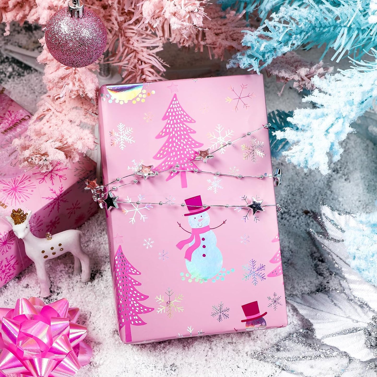 LeZakaa Christmas Pink Wrapping Paper Jumbo Roll, Snowman Christmas Tree & Snowflake Metallic Foil, Rose Gold Foil Reversible Design for Festive Winter Holiday, Family Gathering, 30 inches x 32.8 Feet