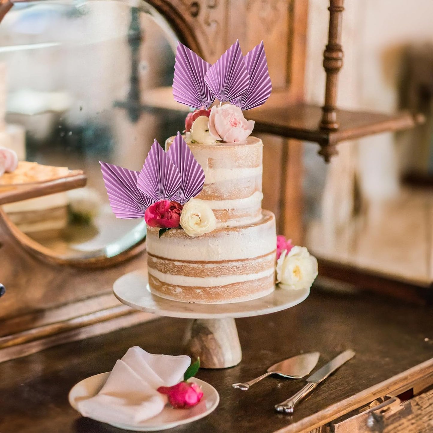 Ephlyn 6Pcs Paper Palm Fan Cake Topper Palm Spear Leaves Fan Cake Pick for DIY Craft Project Home Made Wedding Bridal Shower Birthday Anniversary Party Cake Decorations Purple