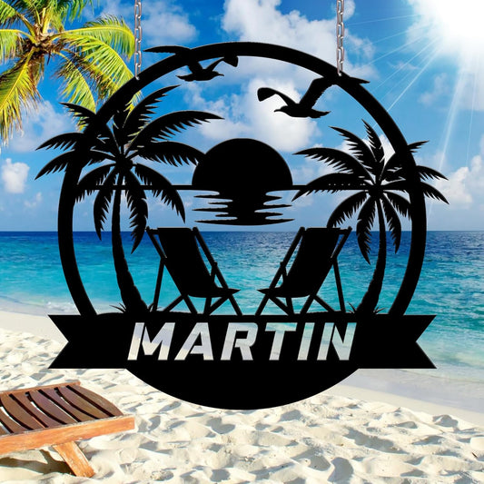 Personalized Beach Decor for Home, Custom Metal Sign Outdoor Nautical Decor, Palm Trees Coastal Wall Art, Family Last Name Sign, Housewarming Christmas Wedding Gifts