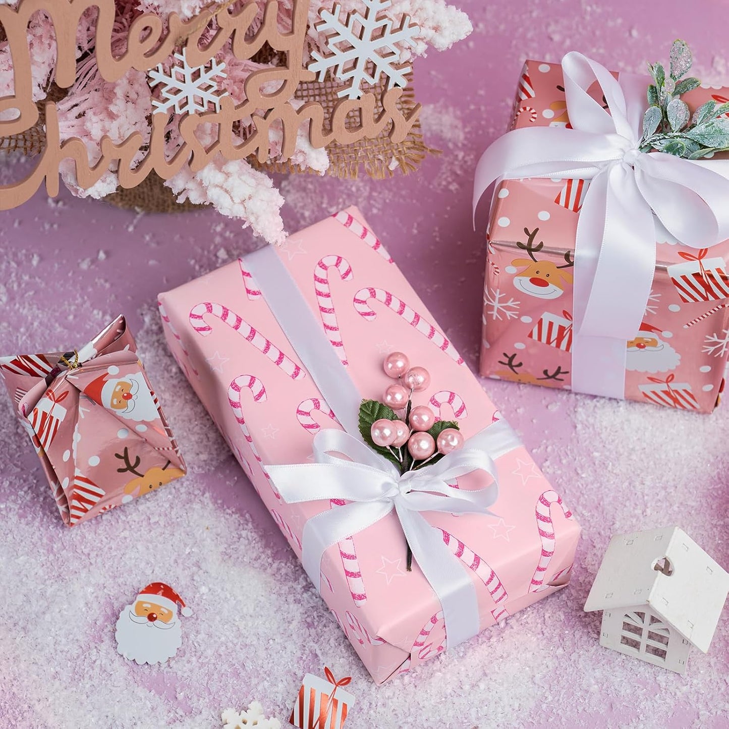 LeZakaa Christmas Pink Wrapping Paper Jumbo Roll, Santa Claus & Candy Cane, Metallic Foil, Rose Gold Foil Reversible Design for Festive Winter Holiday, Family Gathering, 30 inches x 100 Feet