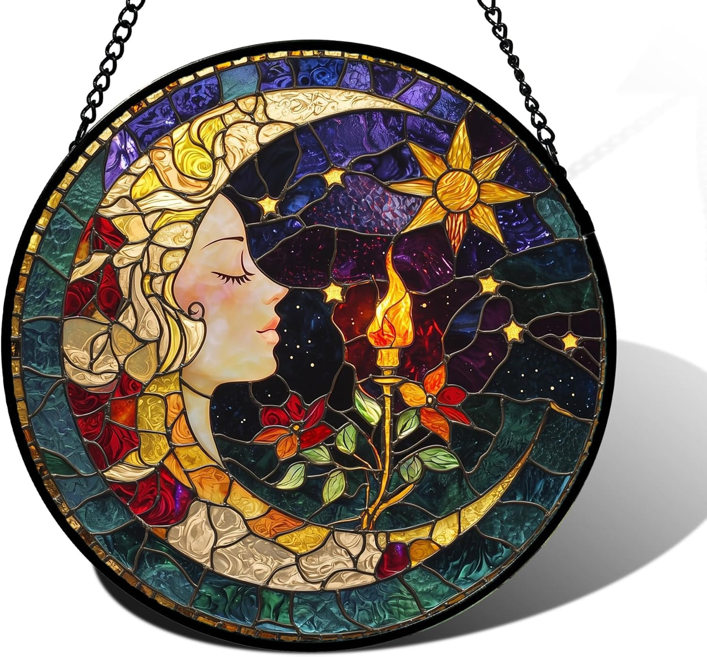 Stained Glass Window Hanging, Moon Goddess Torch Suncatcher Diamond Glass Panel Hangings Dream Sun Catchers Decor for Birthday for Women, Men, Wife, Aunt, and Mom 11.8x11.8 in