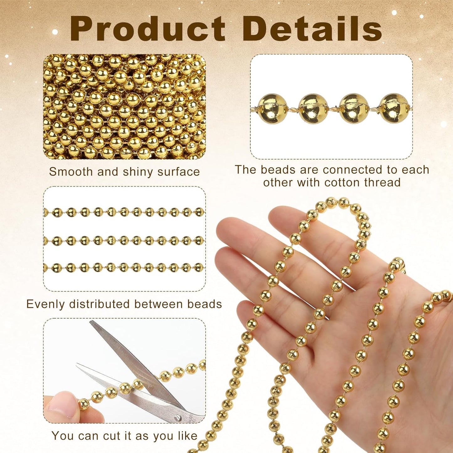 Pearl Beads Garland, 6 MM Gold Faux String of Pearls, Pearl Garland for Christmas Tree 82FT Pearl Beads Strand Spool Bead Roll for Crafts Floral Centerpieces Wedding Party Christmas Tree Decorations