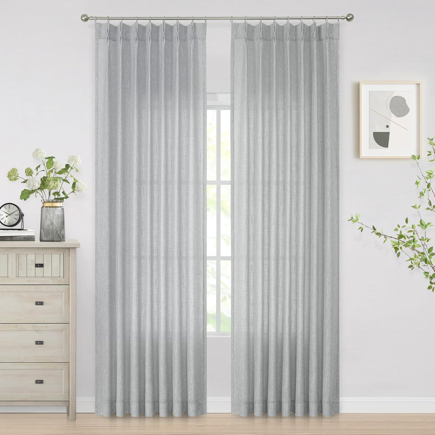 Vision Home Gray Pinch Pleated Semi Sheer Curtains Textured Light Filtering Window Curtains 108 inches for Living Room Bedroom Silver Grey Pinch Pleat Drapes with Hooks Back Tabs 2 Panels 40" Wx108 L