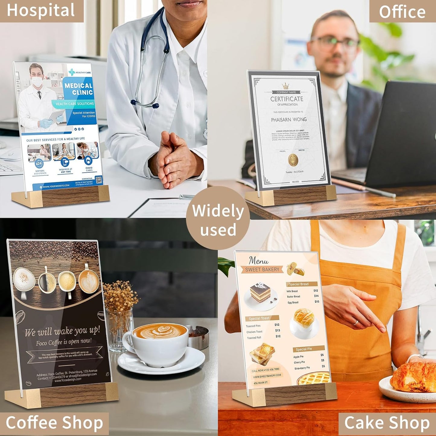 Acrylic Sign Holder 8.5x11 Inch with Wood-Color Base, Tabletop Display Sign Frame Vertical Clear for Store/Coffee Shop/Restaurant Menu Display Hotel/Office Show Exhibitions Holder, 2 Pack L Shape