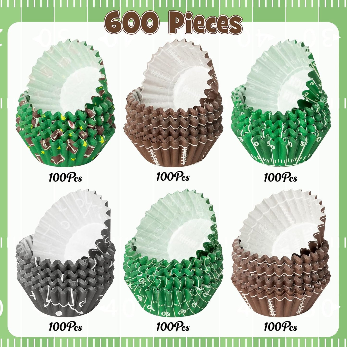 COcnny Football Mini Cupcake Liners - 600pcs Football Themed Mini Baking Cups Muffin Cupcakes Wrappers, Rugby Sport Paper Cake Wrap Making Supplies for Game Day Post-match Celebration Party (6 Styles)