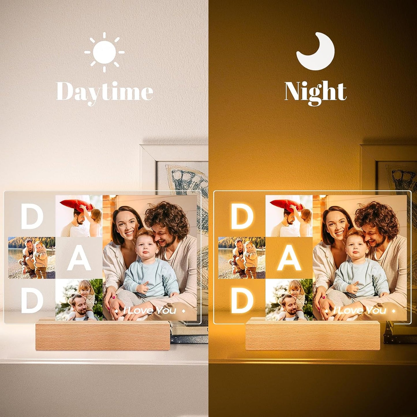 Personalized DAD Picture Frames, Customized Photo Frame with Night Light, Custom Picture Frames, Best Dad Ever Gifts, Personalized Christmas Birthday Gifts for Dad from Daughter Son Wife