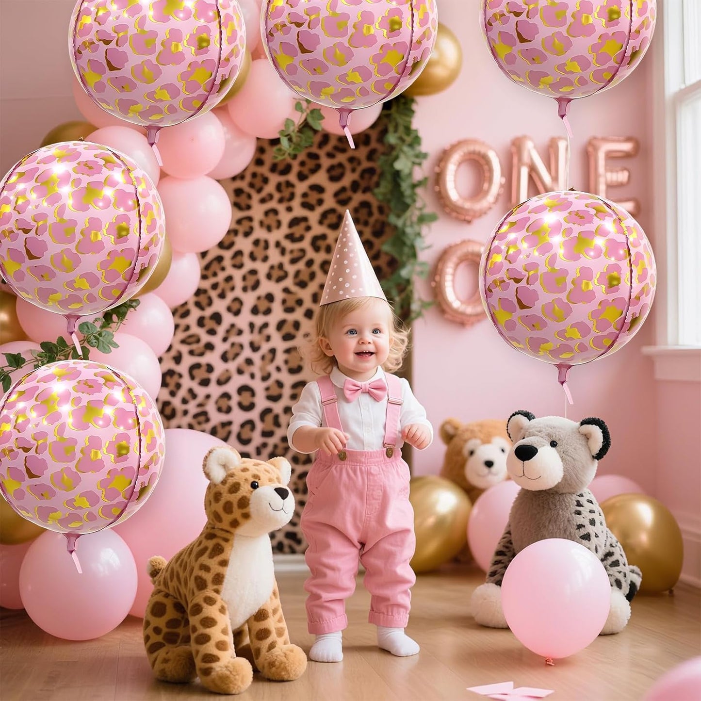 6Pcs Pink Cheetah Print Foil Balloons, 22inch 4D Leopard Theme Balloons, Large Round Ball Animal Foil Balloon for Cheetah Zoo Themed Wild Jungle Birthday Party Backdrop Decorations