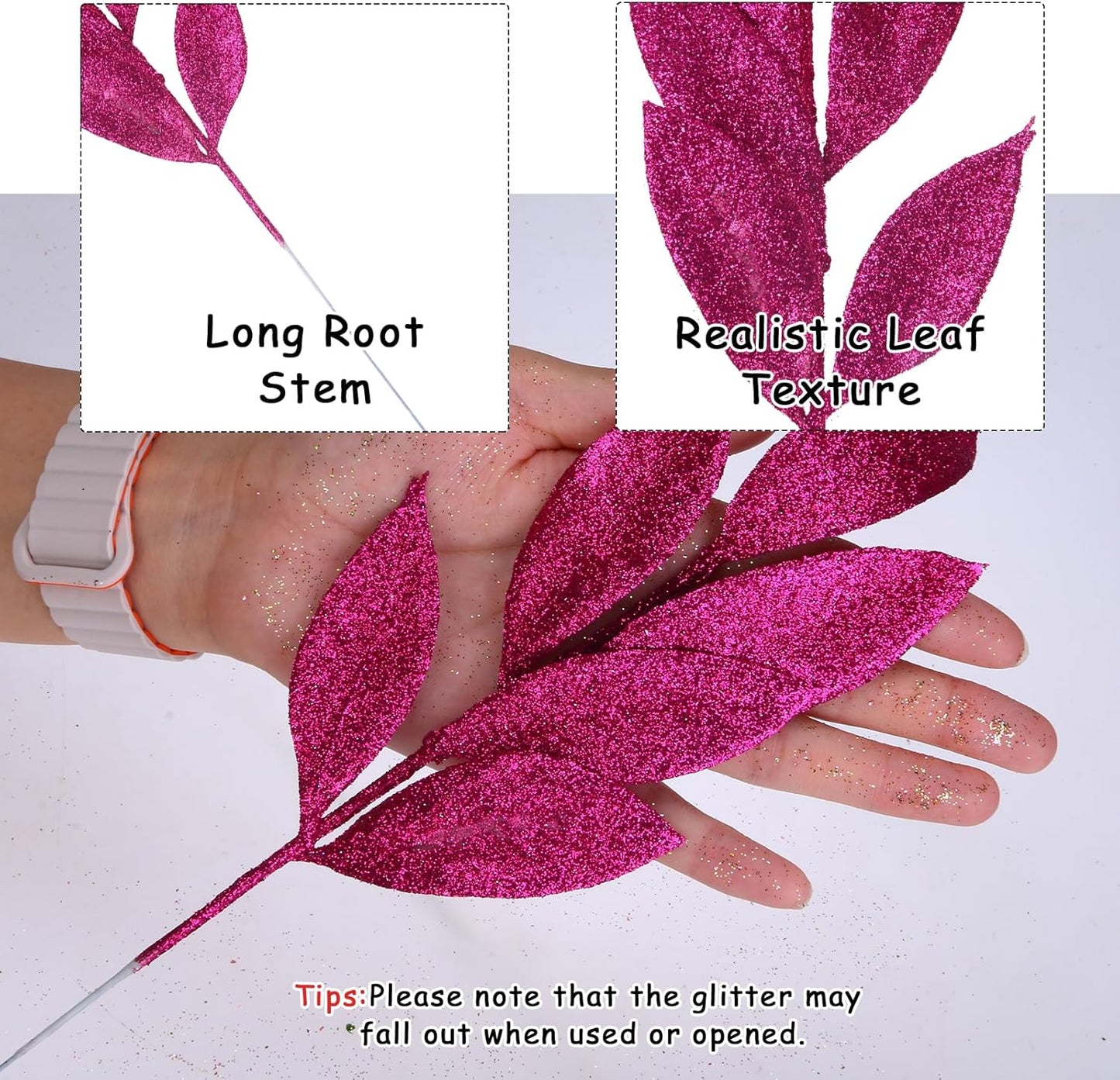 GREENTIME 12 Pack Artificial Rose Red Glitter Leaves 13" Fake Christmas Picks Decorative Glitter Sticks for Vase Christmas Tree DIY Wreath Crafts Fireplace Decor