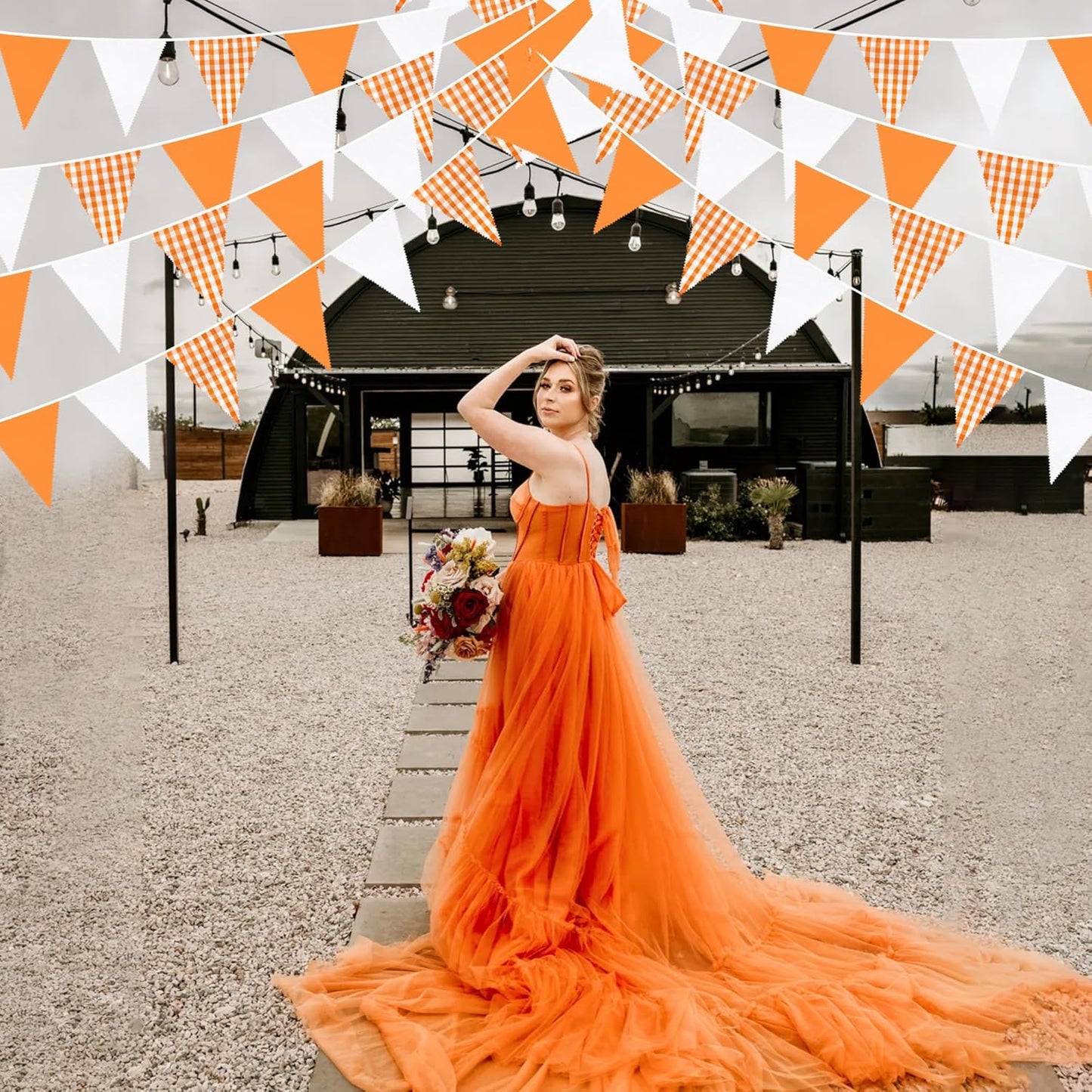 32Ft Orange Party Decorations Orange Buffalo Plaid Checkered White Triangle Flag Gingham Pennant Bunting Fabric Garland Streamers for Fall Autumn Wedding Birthday Thanksgiving Picnic Garden Decor