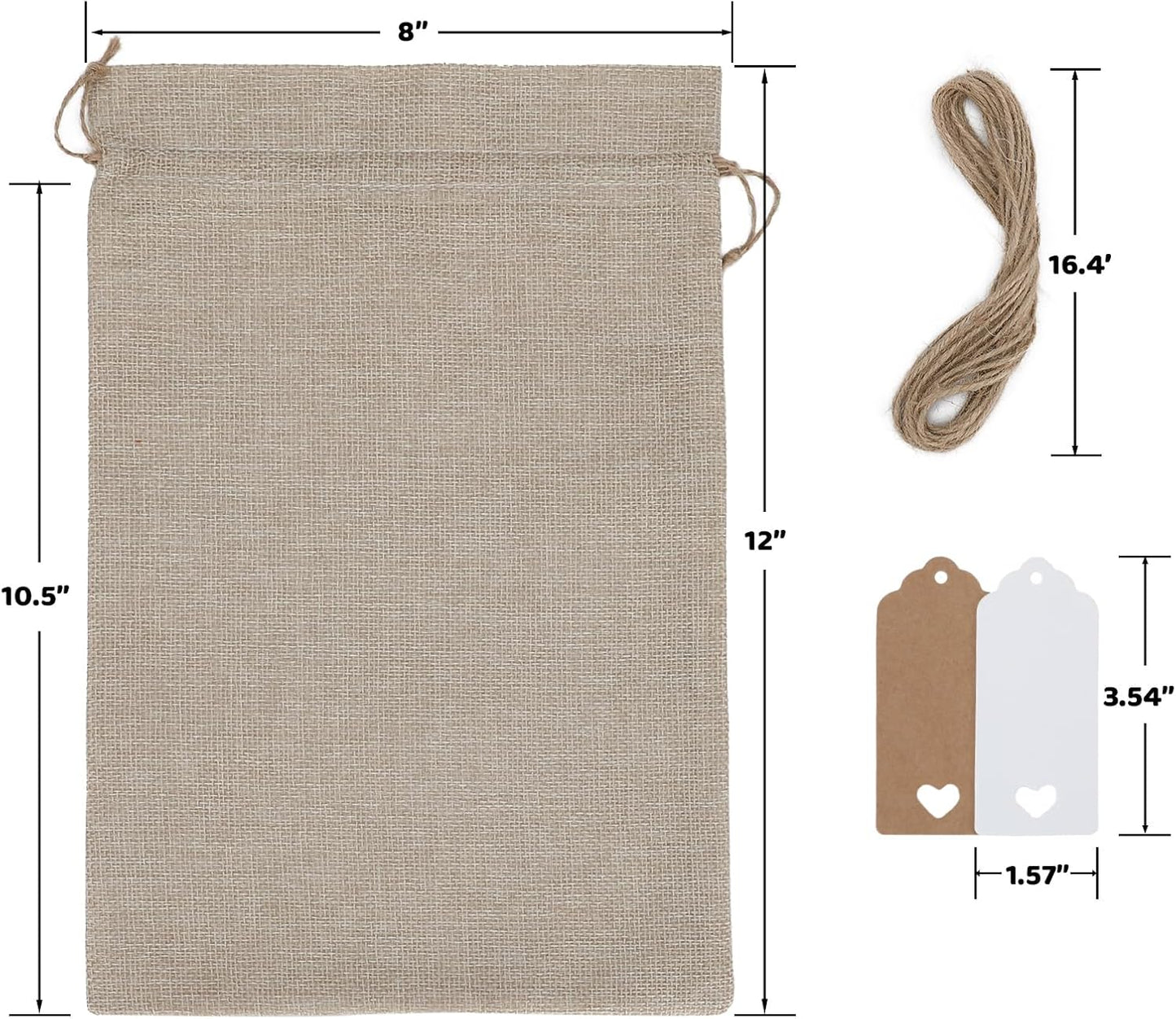 Tapleap Burlap Gift Bags with Drawstring - 10Pcs 8x12 Original Sacks with String and Tags for Wrapping Halloween Favors, Clothes, Toiletries, Breads, Mason Jars, For Birthday, Wedding