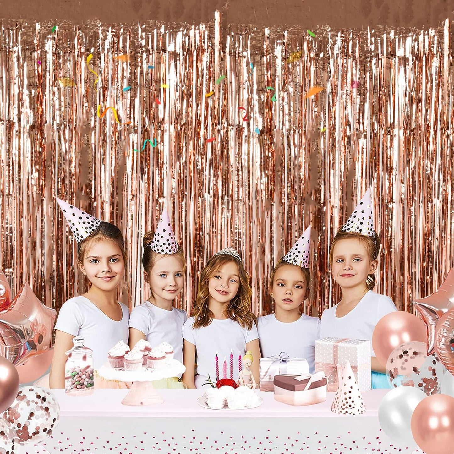 BEISHIDA 2 Pcs Rose Gold Door Streamers Tinsel Curtain Party Backdrop Fringe Foil Wall Background for Birthday Christmas Wedding Hot Pink Girls Valentine's Day Party Decoration(3.28 ft x 6.56 ft)