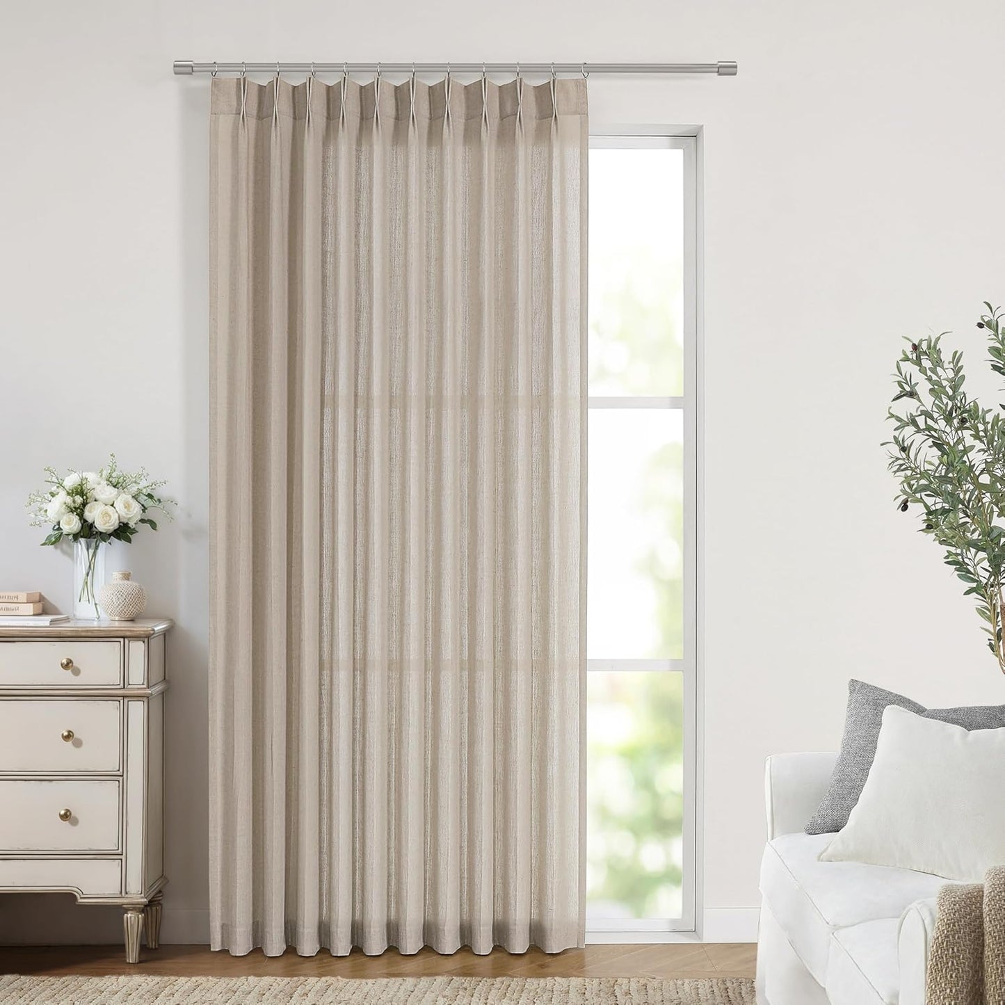 Vision Home Sand Pinch Pleated Semi Sheer Curtains Textured Linen Blended Light Filtering Window Curtains 95 inch for Living Room Bedroom Patio Pinch Pleat Drapes with Hooks 1 Panel 60" Wx95 L