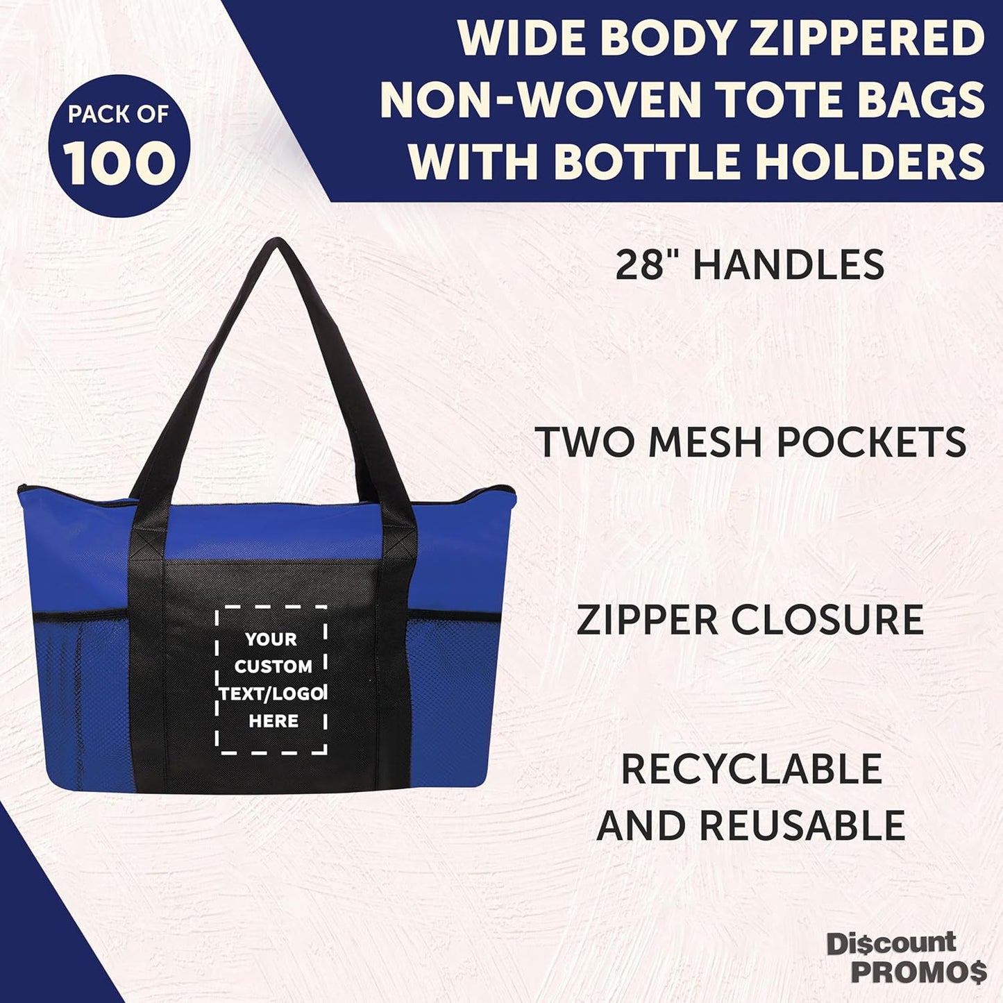 DISCOUNT PROMOS 100 Zippered Non-Woven Tote Bags Set - Customizable Text, Logo - Mesh Pocket, Zippered, Recyclable, Reusable - Blue - 19"X14"X3", with Zipper