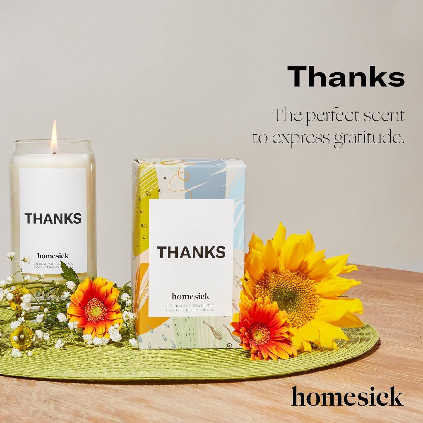 Homesick Scented Candles for Home (Thanks) - 13.75 oz Long-Lasting Soy Wax Blend Jar Candle Gifts for Women for All Occasions, 60-80 Hours Burn Time - Notes of Cucumber, Lemon & Patchouli