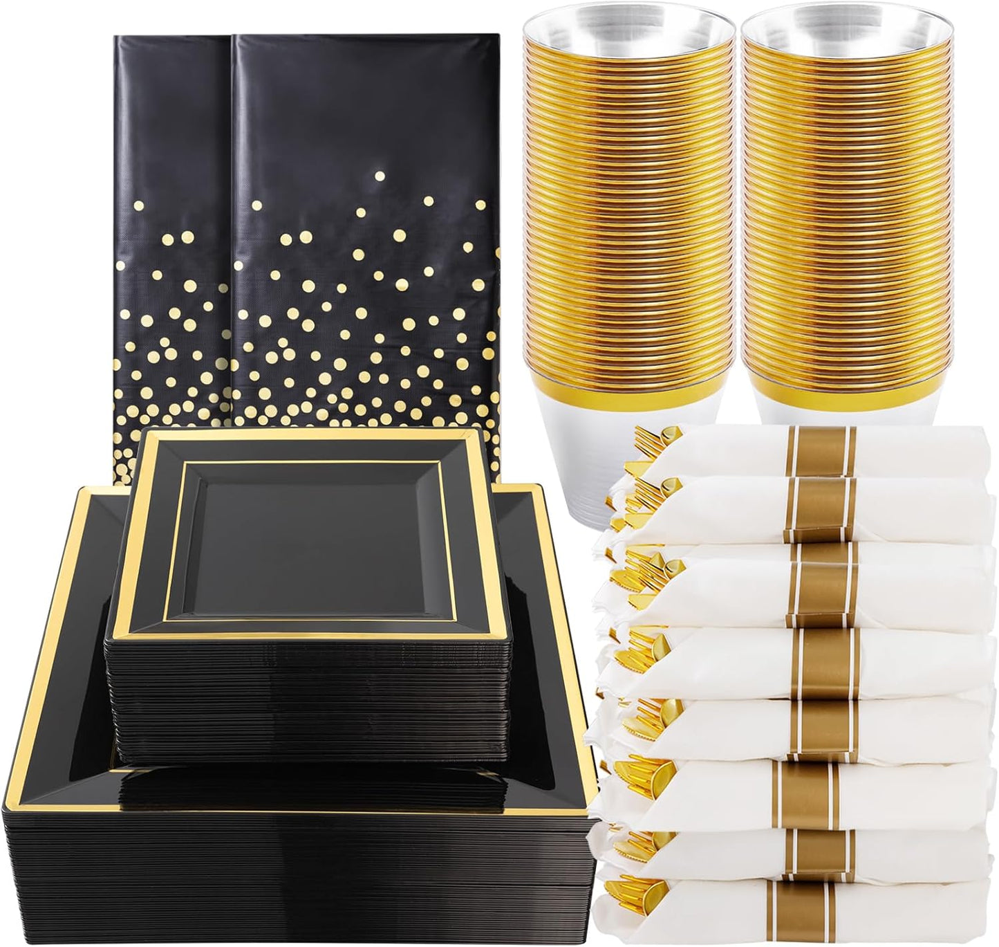 Goodluck 352 Piece Black Dinnerware Set for 50 Guests, Black Square Plastic Plates with Gold Trim, Include: 100 Plastic Plates, 50 Rolled Napkins, 50 Cups, 50 Cutlery Set and 2 Tablecloth