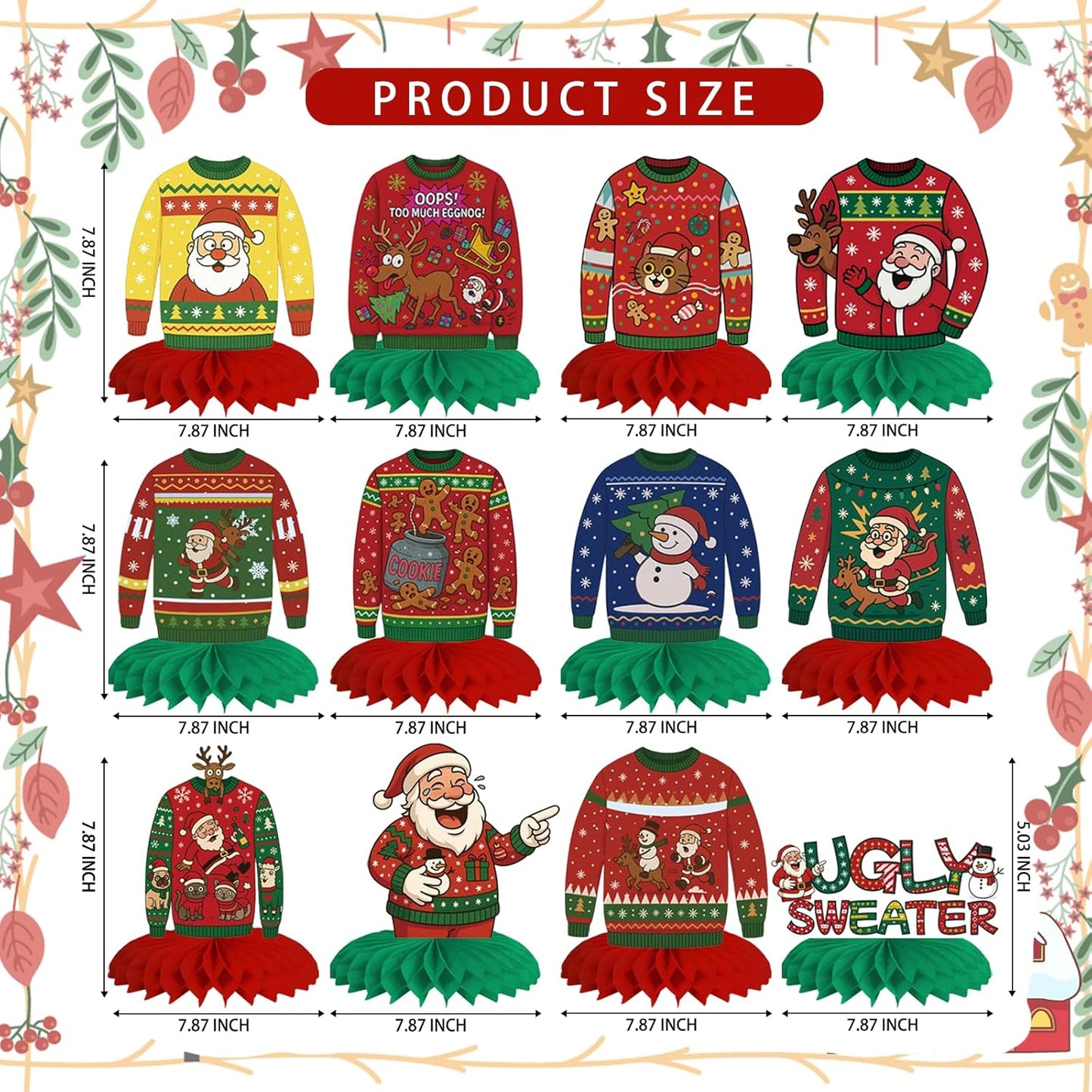 12Pcs Christmas Ugly Sweater Party Decorations Ugly Sweaters Honeycomb Centerpieces Xmas Table Topper Christmas Table Centerpieces for Merry Christmas Winter Holidays Party Supplies