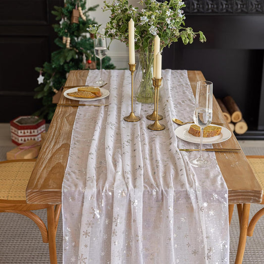 Silvery Snowflake Metallic Print Tulle Christmas Table Runner, Seasonal Winter Kitchen Dining Table Decoration for Home Party Decor 35x120 Inch(Off White)