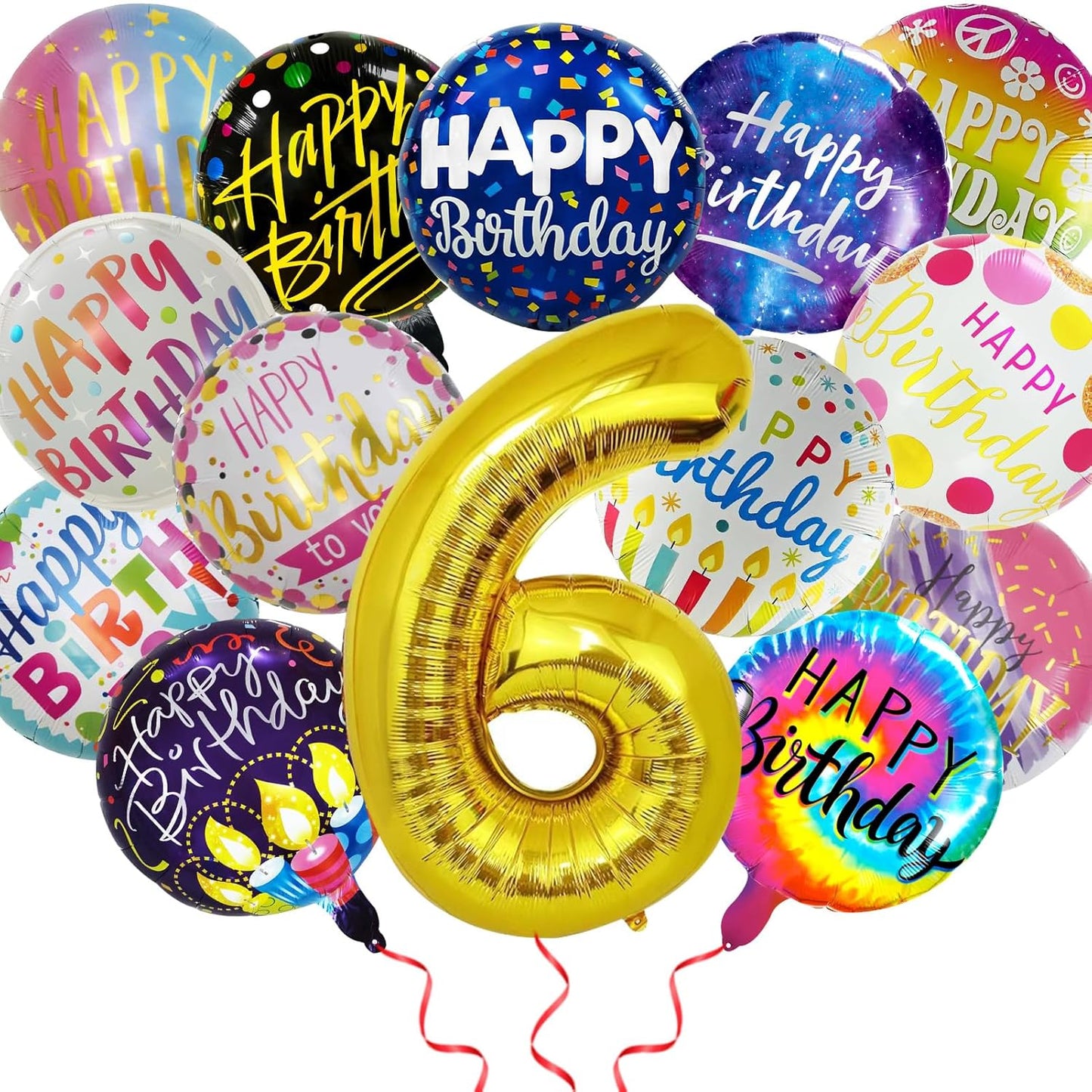 50 Pcs Happy Birthday Party Aluminum Foil Balloons and 6th Balloons, 18 Inch Round Aluminum Foil Balloon with" Happy Birthday" Sign, Birthday Decorations for Boys/Girls (Yellow, 6)