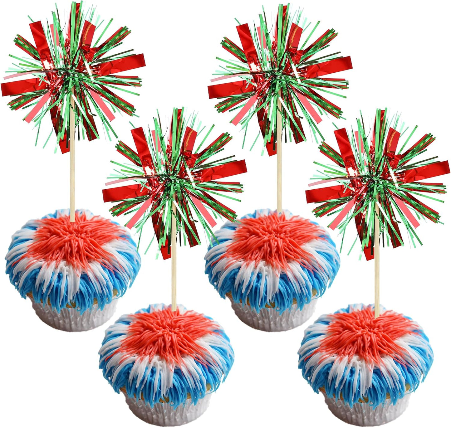 Gyufise 20Pcs Foil Firework Cupcake Toppers Happy Birthday Cake Toppers Tinsel Flower Drink Stirrers Cocktail Food Fruit Toothpicks for Valentine's Day Party Birthday Wedding Supplies Green Red