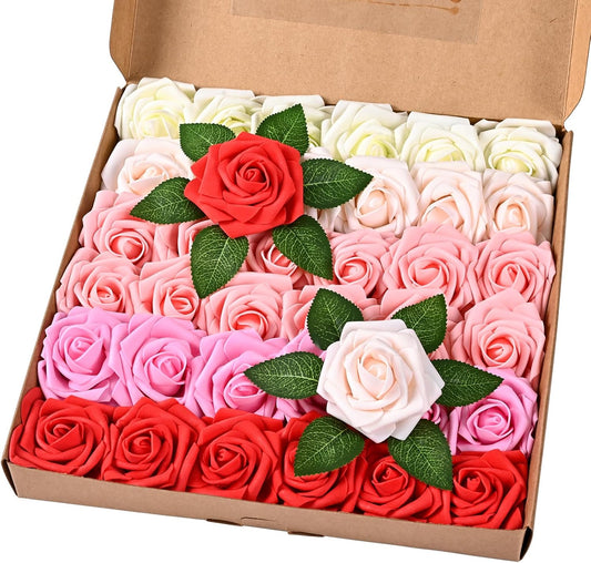 BLEUM CADE 36Pcs Artificial Flowers Fake Roses with Stems, Gradient Red & Pink Boxed Foam Roses for DIY Bouquets Centerpieces Wedding Party Arrangement Bridal Shower Decor