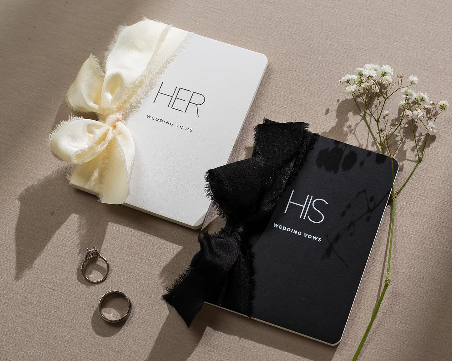 Black White His Her Slim Vow Books w/Ribbon (Set of 2) - 5.625 x 4" Minimalist Pocket Sized Modern Wedding Ceremony Vow Renewal Speech Notebook Journal