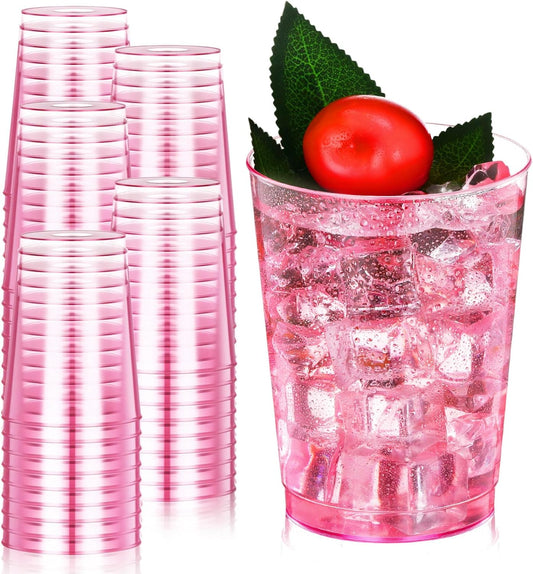 Minatee 100 Count Plastic Cups Disposable Fancy Cups Heavy Duty Wine Cocktail Glasses for Halloween Wedding Christmas Birthday Party Supplies Plastic Drinking Tumblers(Pink,10 oz)