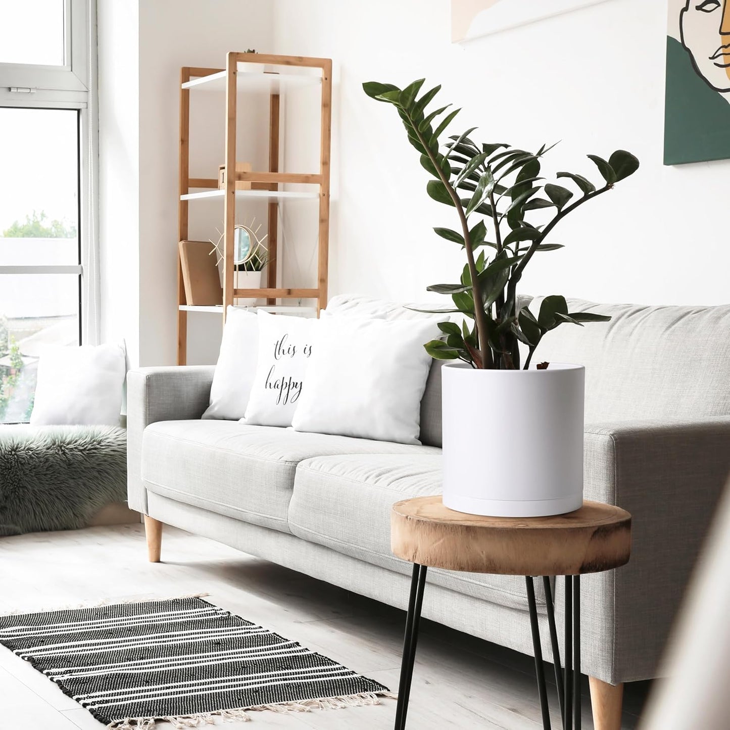 D'vine Dev 2 Pack 10 Inch Modern Plastic Plant Pots, Cylindrical Garden Planters for Plants with Drainage Holes and Saucers, White, 74-Z-N-1