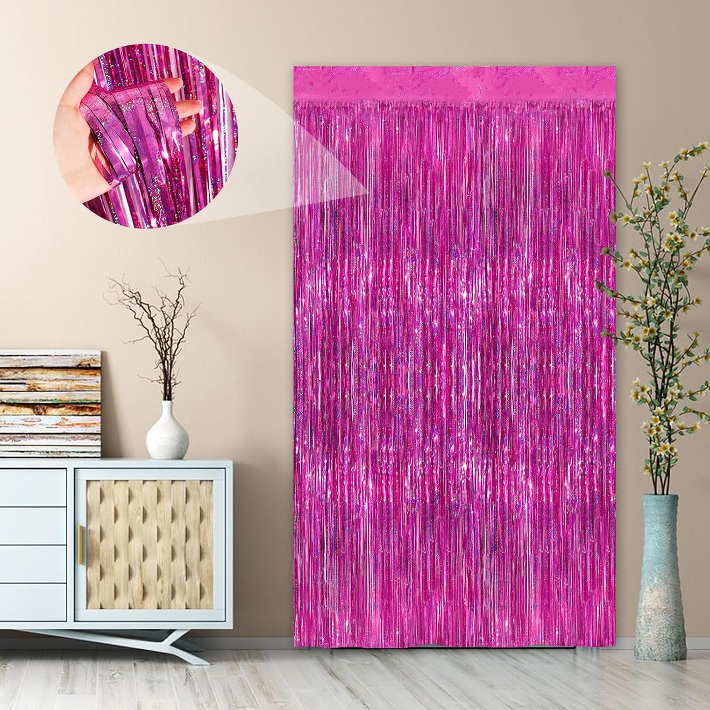 Rose Pink Party Streamers 2 Pack Glitter Foil Fringe Curtain 3.3 x 8.3ft Pink Party Decor Photo Booth Streamers Metallic Tinsel Door Streamer for Christmas Baby Shower Halloween Decorations