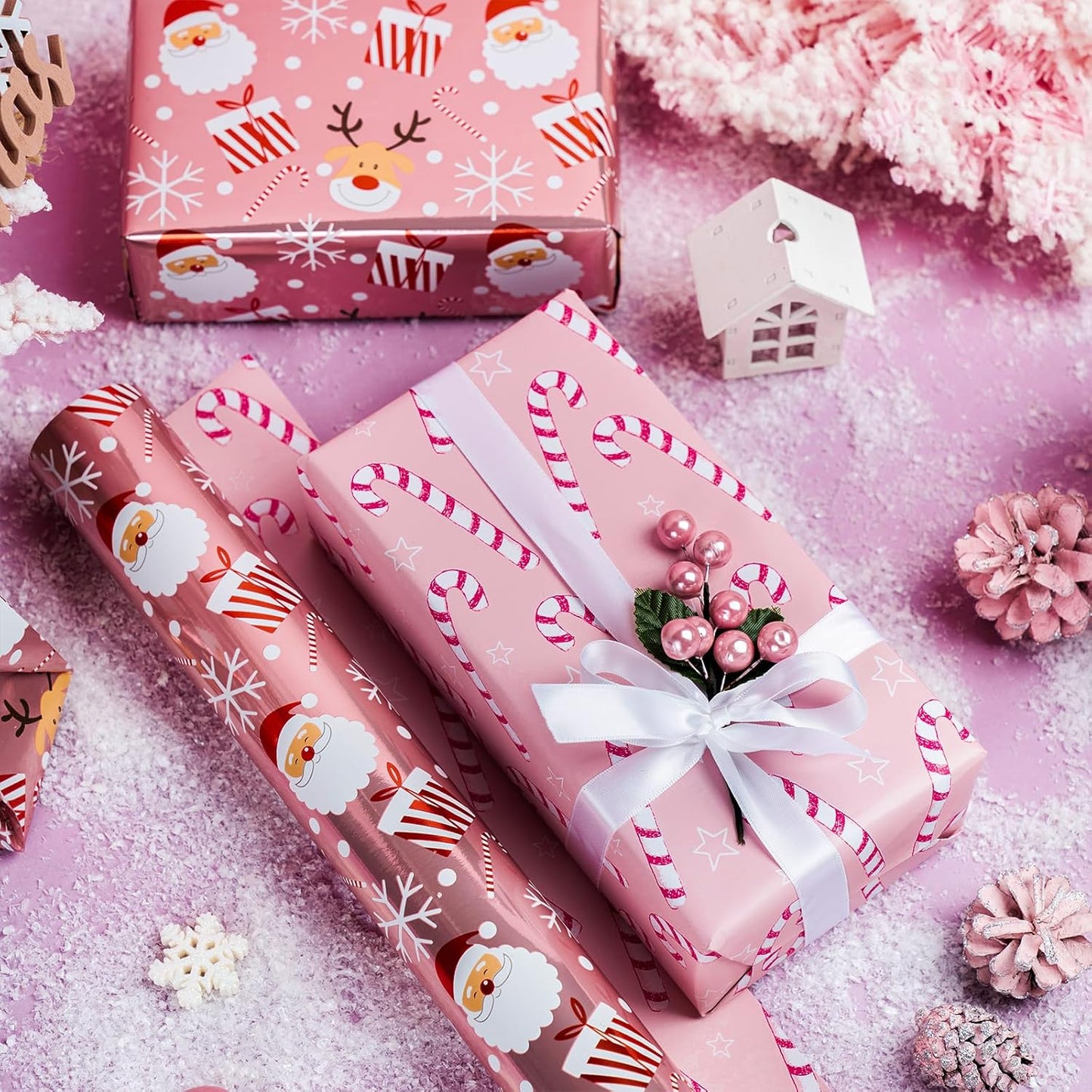 LeZakaa Christmas Pink Wrapping Paper Mini Roll, Santa Claus & Candy Cane, Metallic Foil, Rose Gold Foil Reversible Design for Festive Winter Holiday, Family Gathering, 17 inches x 32.8 Feet