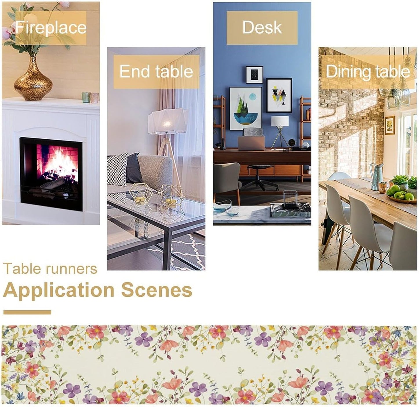 Floral Table Runner,Flowers Plant Print Spring Table Runner for Kitchen Dining Table Decoration for Home Party Decor 13x72 Inch