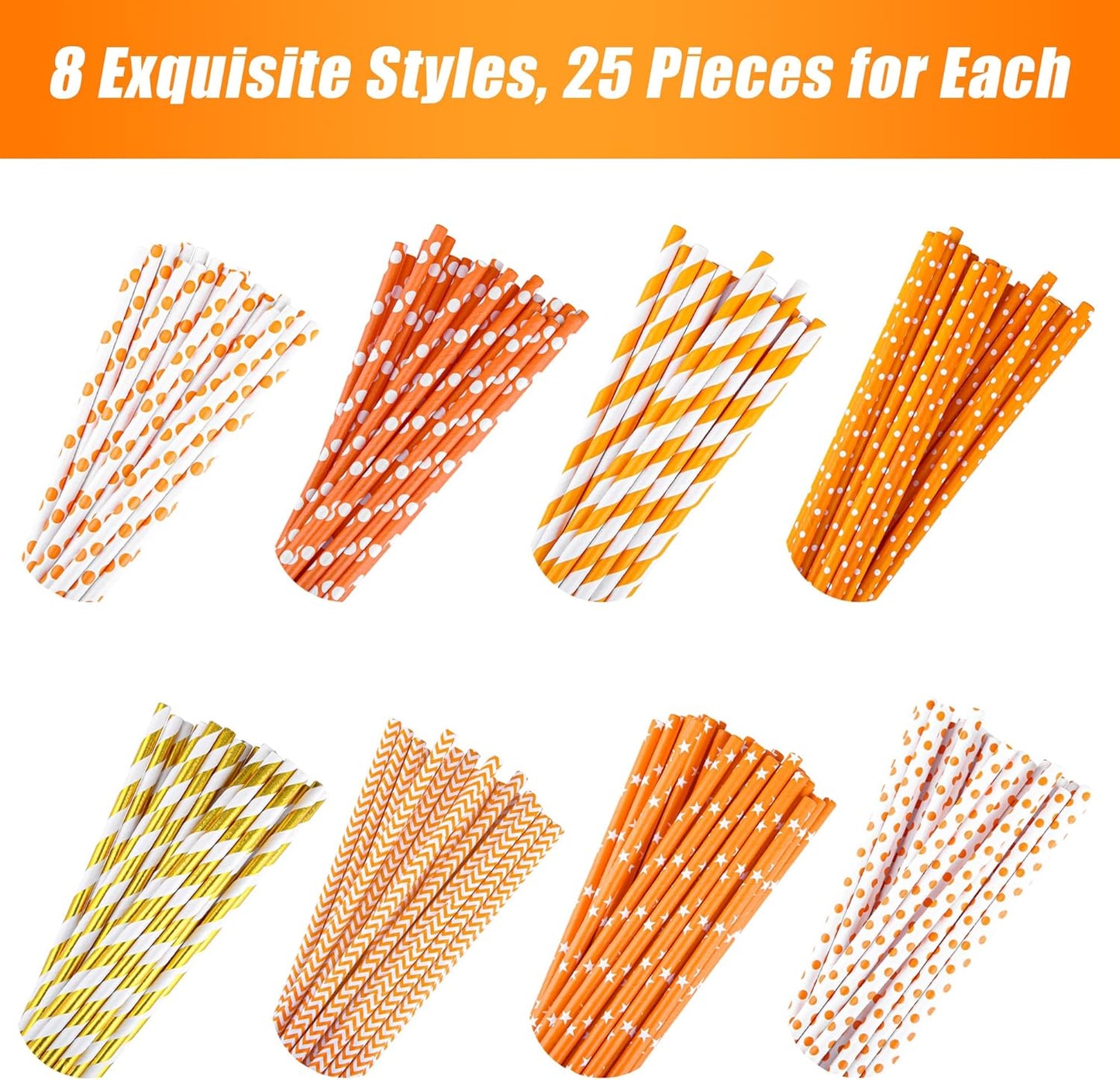 Cooraby 200 Pieces Thanksgiving Paper Straws Orange and Gold Assorted Paper Straws Biodegradable Drinking Straw Mix for Fall Leaf Autumn Wedding Supplies, 8 Style