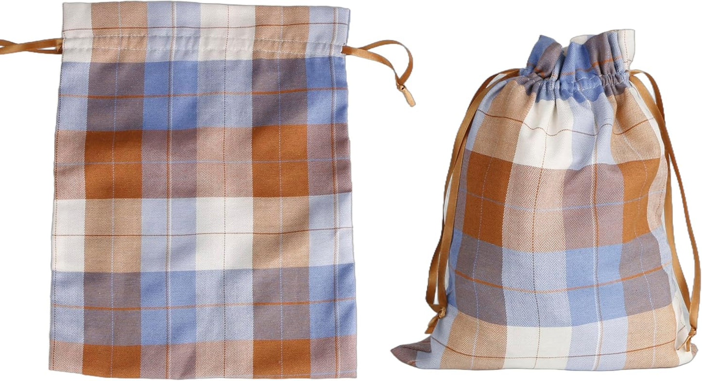 Large Fall Burlap Bags with Drawstrings - Orange Buffalo Plaid & Sage Green Gingham Sacks - Reusable Brown Pouch for Thanksgiving Party Gift Wrapping Goodies (4 Colors, 12x16 inch)