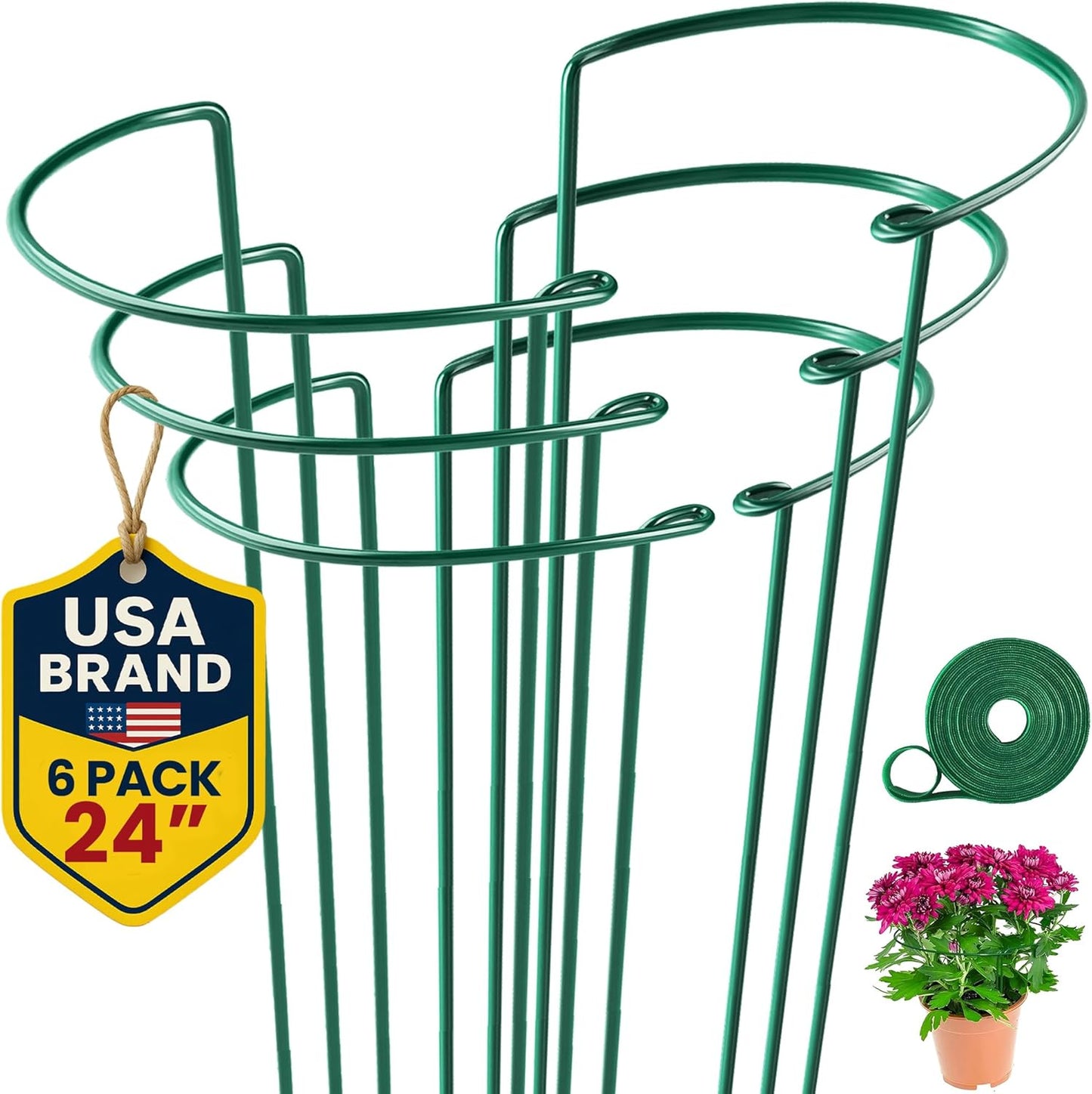 K-Brands Tall Plant Support Stakes – 10"W x 24"H Half Round Peony Cages and Supports for Indoor and Outdoor Plants – Plant Cage Ring Support for Flower - Peony, Tomato, Hydrangea, Rose Bush (6 Pack)