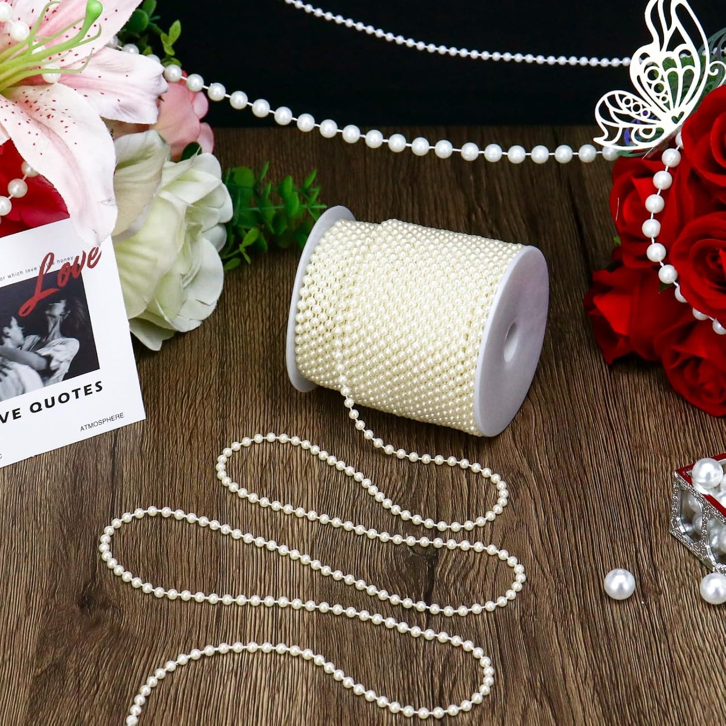99 Feet 4mm Faux Pearl String Garland for Crafts, Artificial Pearl Beaded Trim Chain Strands for Wedding Centerpieces Bouquet Party Christmas Tree Decoration, Ivory