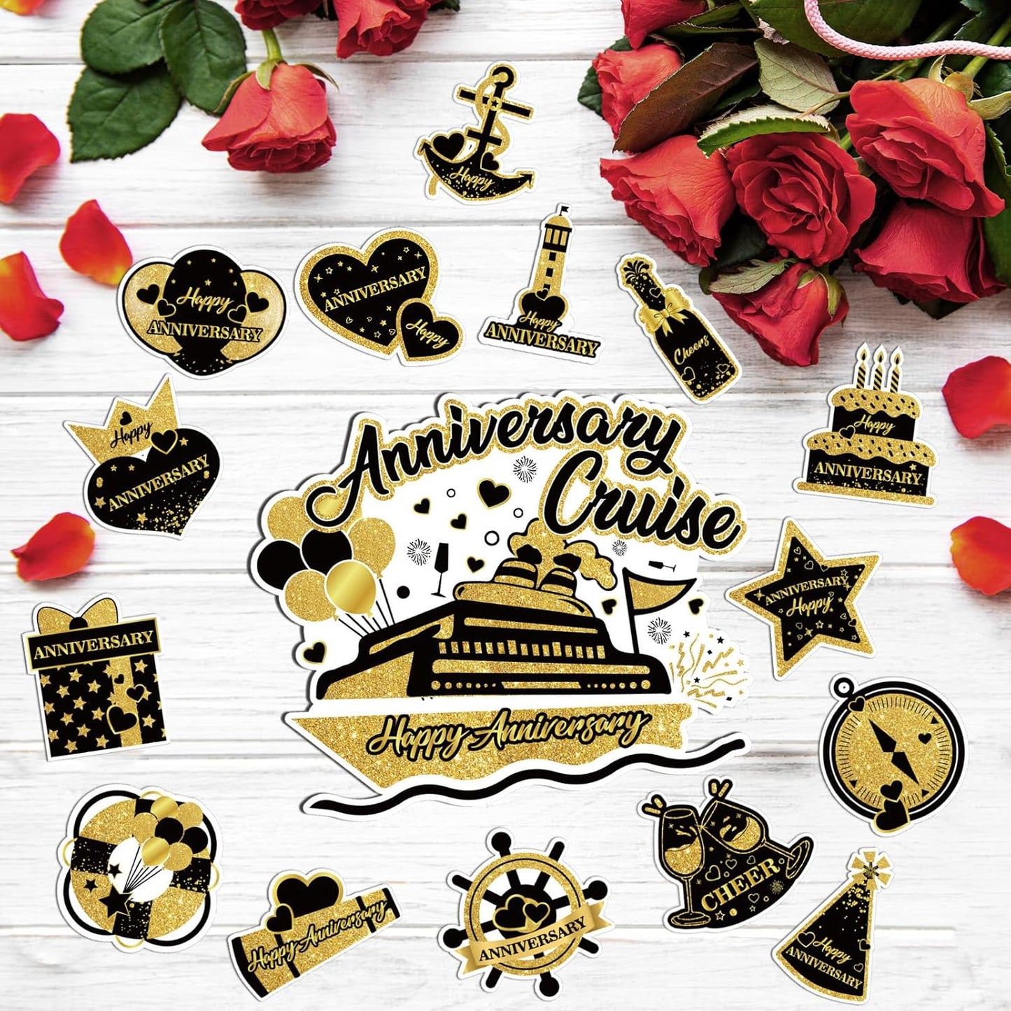 Happy Anniversary Cruise Door Magnets Decorations, Black Gold Happy Anniversary Cruise Ship Door Decor Magnetic for Married Men Women Wedding Party Fridge Refrigerator Car Kitchen Garage Personalized