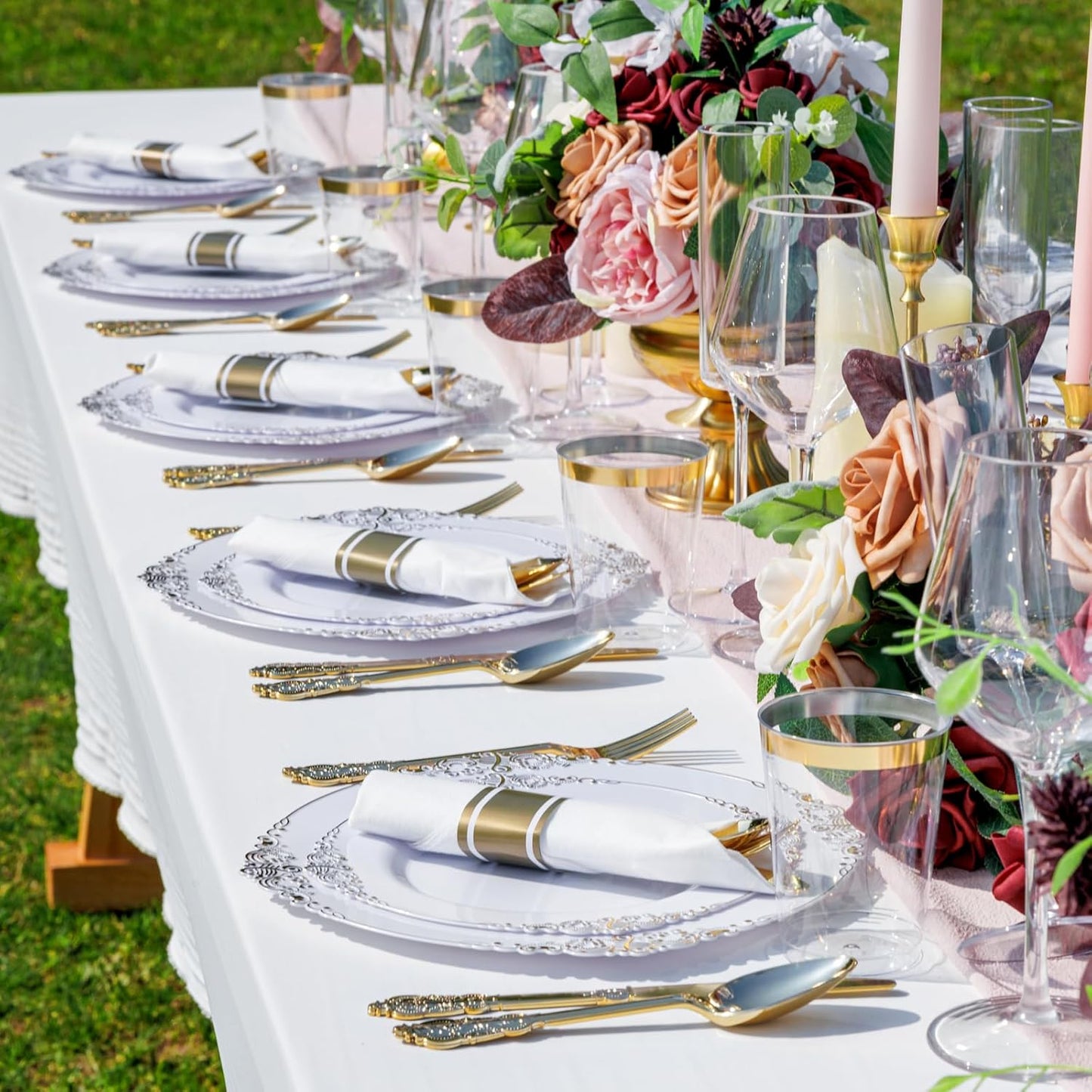 Nervure 350PCS Gold Plastic Plates - Gold Plastic Dinnerware Sets for 50 Guests - 100 Disposable Plates, 150 Silverware, 50 Cups, 50 Napkins for Wedding & Party & Thanksgiving