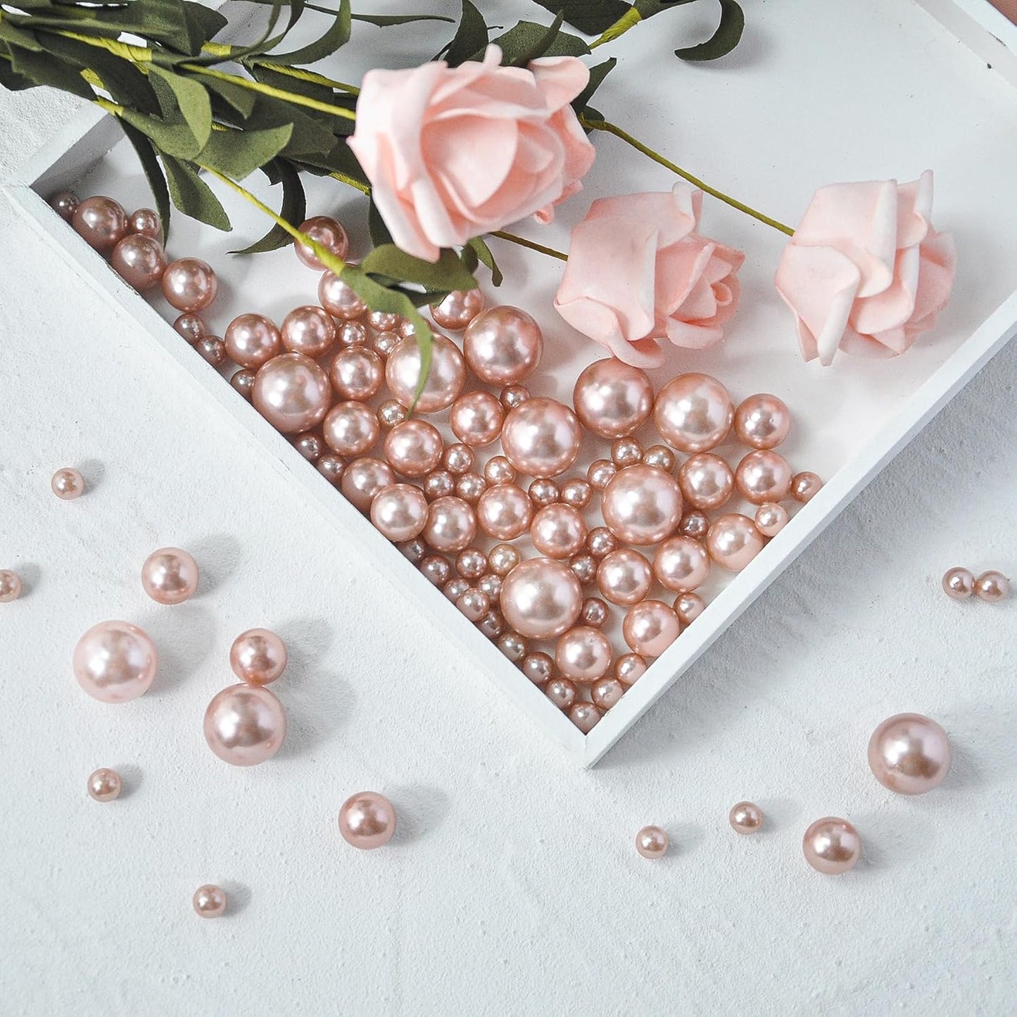 520Pcs Rose Gold Glossy Beads for Centerpiece Decor, Artifical Pearls Vase Filler, No Hole Round Pearl Beads for Wedding Birthday Christmas Party Home Decor(18mm 14mm 6mm)