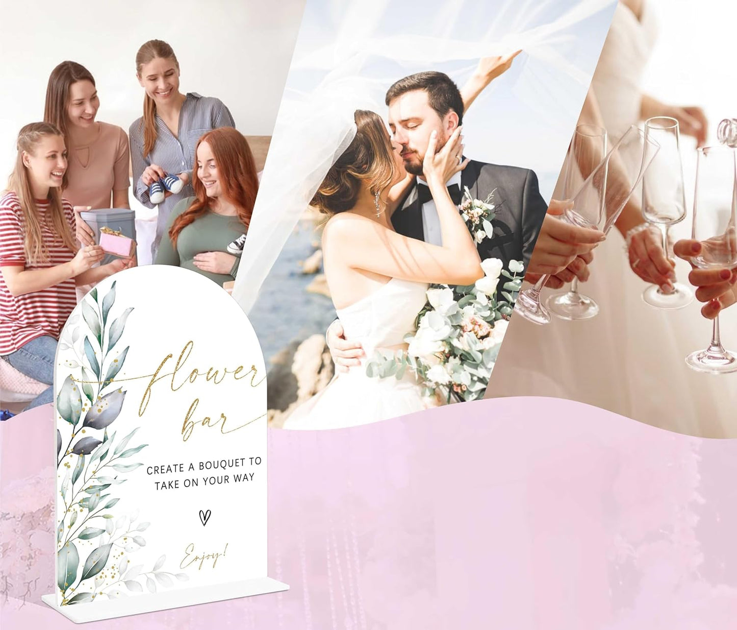 Acrylic Wedding Signs, Greenery Theme Flower Bar Sign, Wedding Reception Signage, Bridal Shower Table Decor with Stand, Flower Bar Supplies for Engagement, Anniversary, Newlywed Event and Party, 03