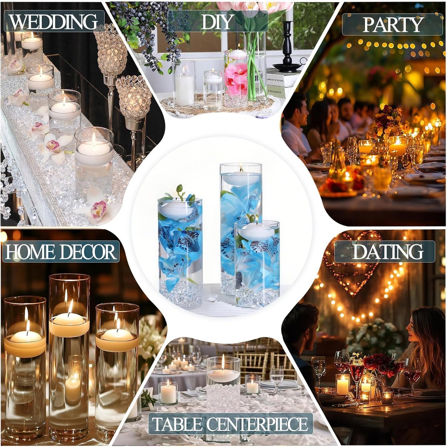 20 PCS White Floating Candles and 16 PCS Glass Vases for Centerpieces with 400 Fake Ice Acrylic Rocks Vase Filler Floating Candle Centerpieces for Tables Party Wedding Home Decoration