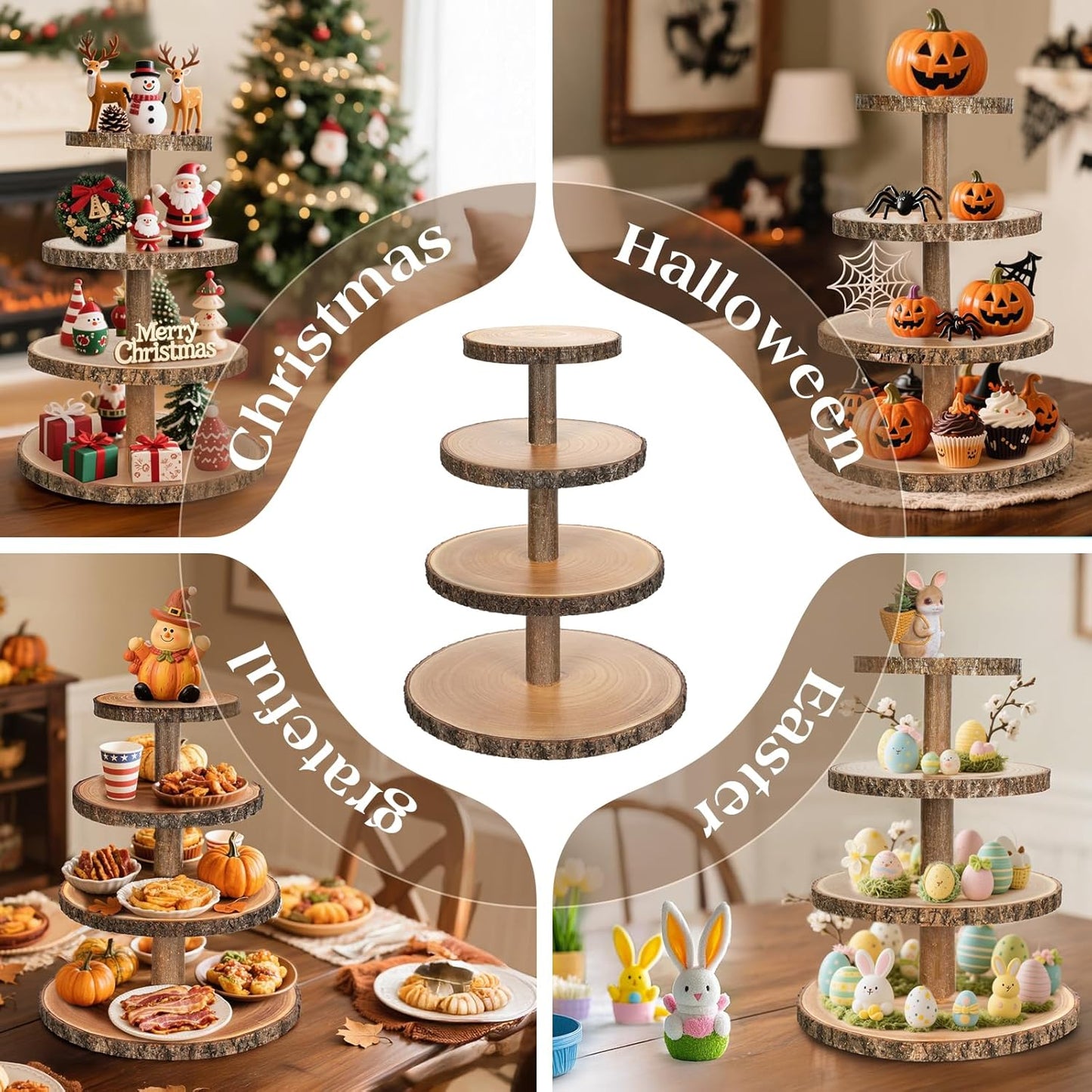 Wooden Cupcake Stand for 50 Cupcakes 4-Tier Dessert Tower Rustic Tiered Display Stand for Woodland Baby Shower Decorations, Farmers Market Decor, Wedding, Birthday, Graduation, Tea Party