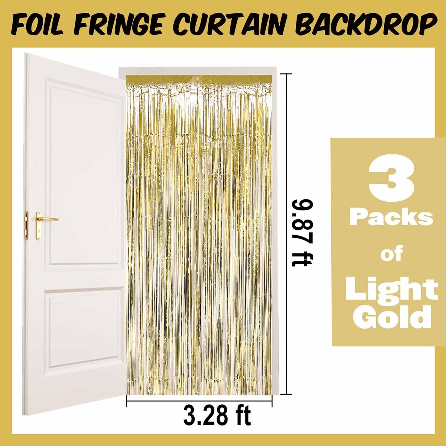 3 Pack Light Gold Foil Fringe Curtains Backdrop, 3.28 x 9.8 Ft Metallic Streamers Tinsel Curtains Background for Photo Booth, Birthday, Halloween, Christmas, Thanksgiving, New Year Party Decorations