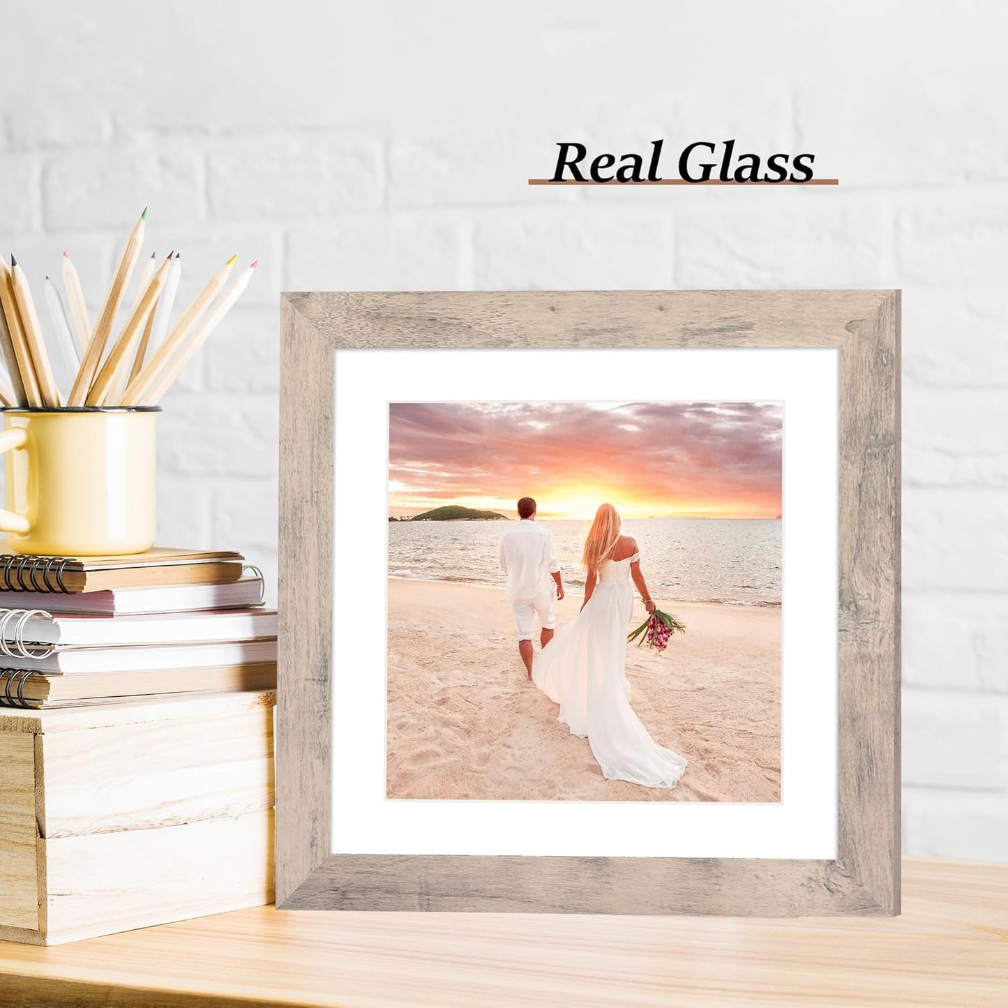 10x10 Picture Frame Set of 4 with High Definition Glass, Smoke Gray Frames Display 8x8 Picture with Mat or 10 x 10 Without Mat, Wood Square Photo Frame for Wall Mount and Tabletop Display