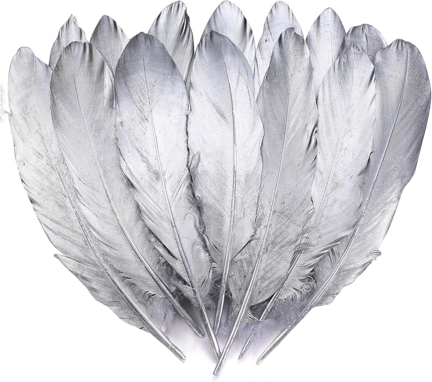 Larryhot Silver Goose Feathers for Crafts - 6-8 inch 60 pcs Natural Feathers for Wedding Party Decorations,DIY Crafts and Clothing Accessories (Silver)