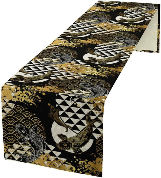 Japanese Table Runner Oriental Tradition Kio Fish Gold Art Printed Burlap Runner Home Kitchen Dining Table Living Room Decor Fabric 1 Panel W13xL60in