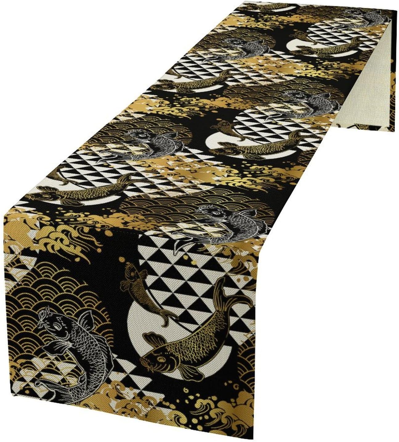 Japanese Table Runner Oriental Tradition Kio Fish Gold Art Printed Burlap Runner Home Kitchen Dining Table Living Room Decor Fabric 1 Panel W13xL120in