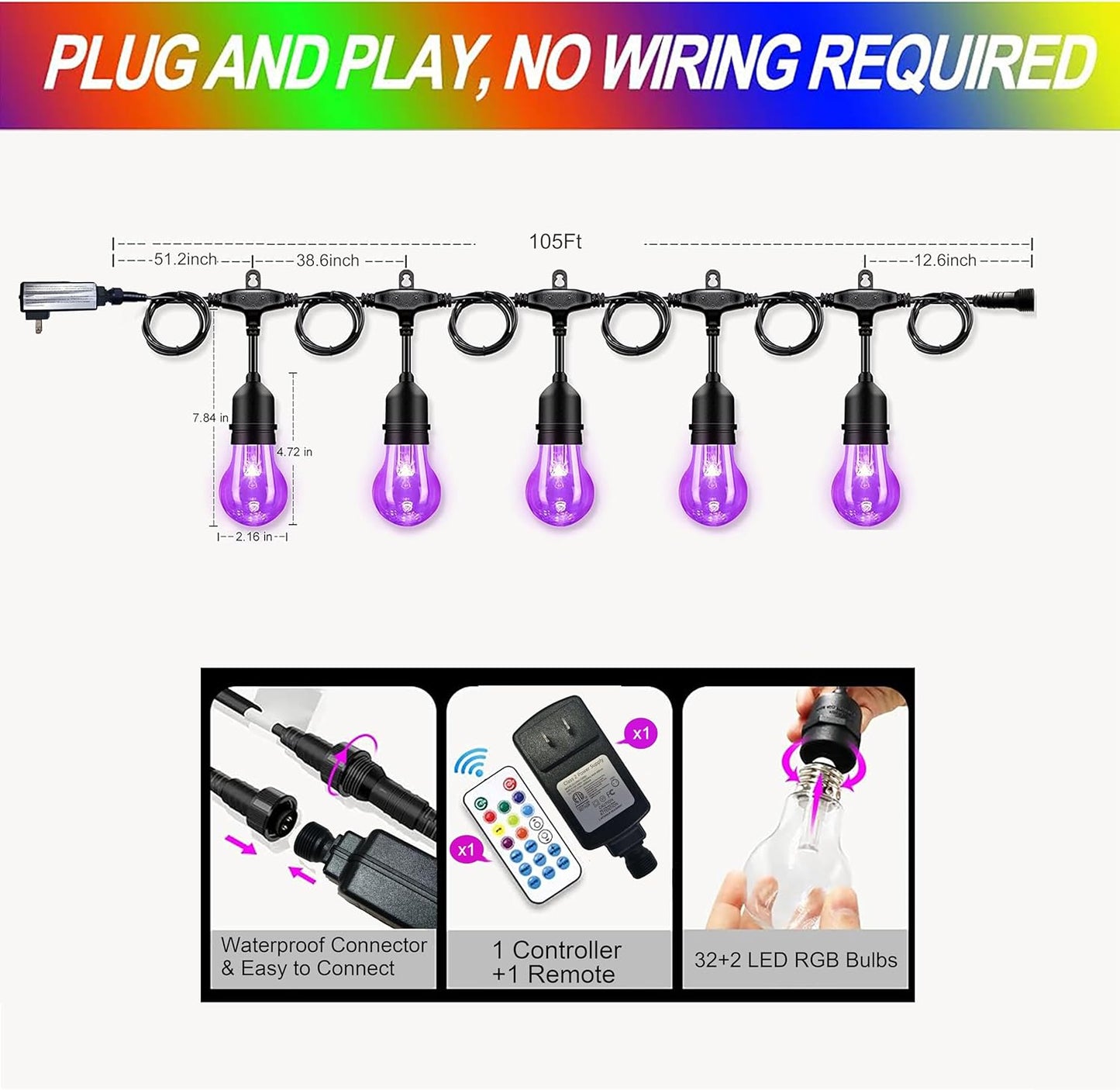 105FT Solar Outdoor String Lights, 32 Shatterproof E26 Edison LED Bulbs, Dimmable RGB Color Changing Patio Lights Waterproof with Remote. for Backyard, Garden, Party, Bistro, Cafe