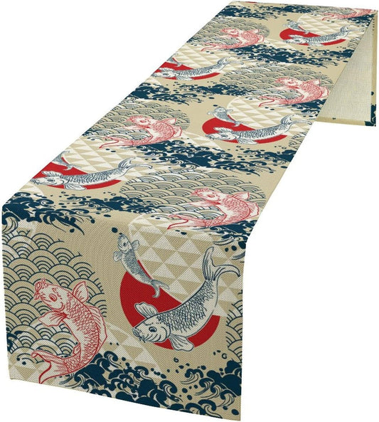 Japanese Table Runner Oriental Tradition Kio Fish Art Printed Burlap Runner Home Kitchen Dining Table Living Room Decor Fabric 1 Panel W13xL108in