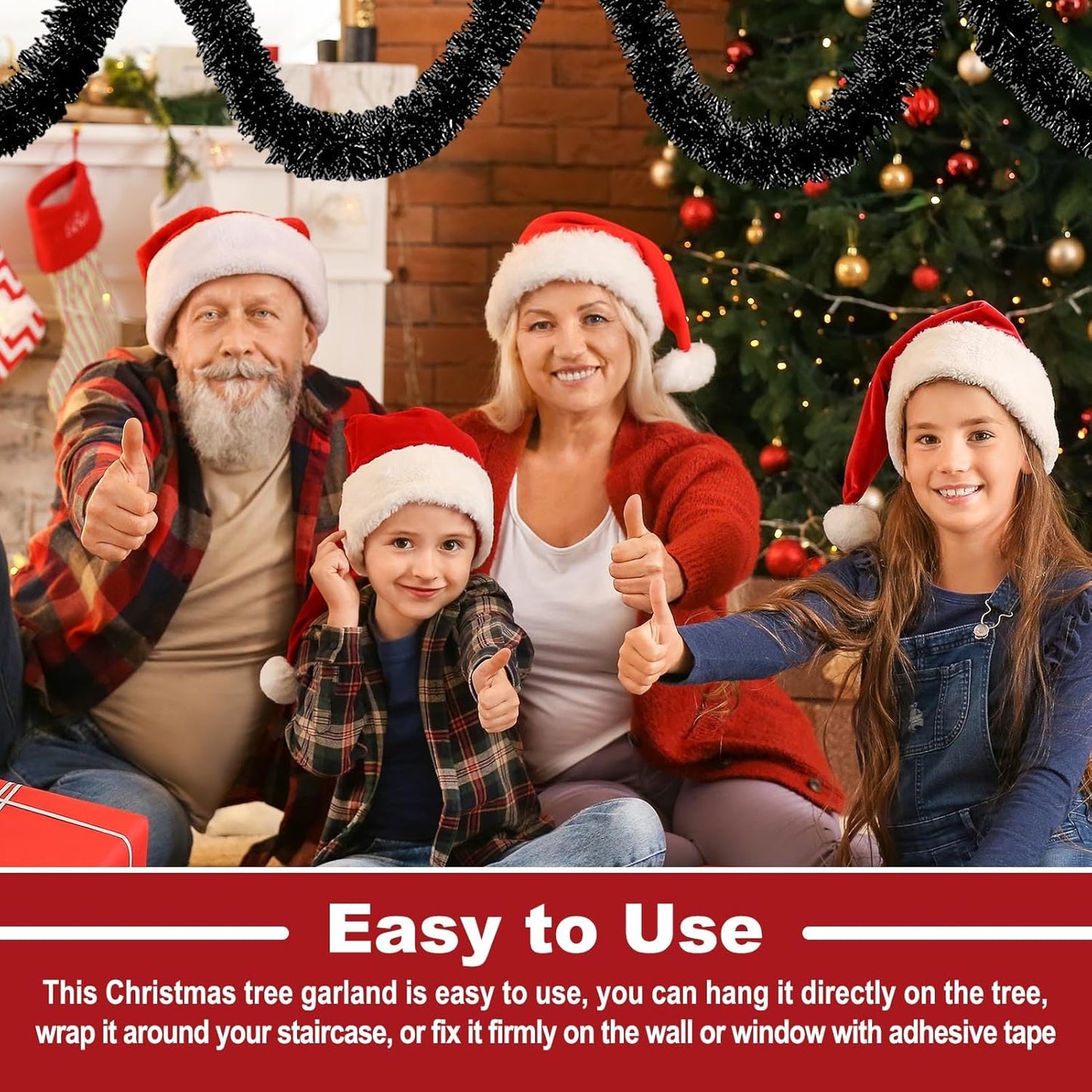 25 Feet Metallic Twist Tinsel Garland - Wall Hanging Backdrop for Parade Floats, Christmas Eve, New Year, Valentine's Day Parties (Black, 4in x 25ft)